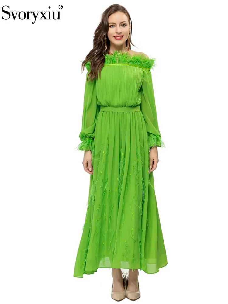 Svoryxiu New Spring Summer Designer Fashion Vintage Green Color Ankle-Length Dress Women's  Lantern Sleeve Elastic Waist Dress