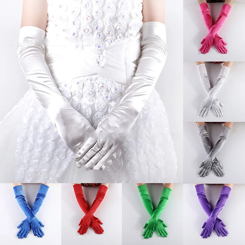 

Long Party Dance Gloves Mariage White/Black/Red Finger Satin Boda Opera For Bridal Wedding Accessories