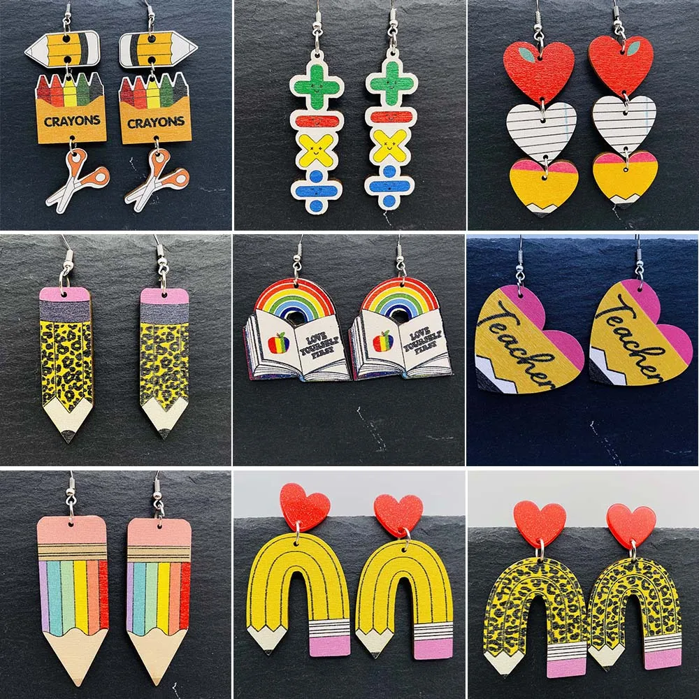 

Leopard Pencil Wood Earrings Back To School Ruler Love Heart Wooden Student Earrings Jewelry Teachers Day Gifts Wholesale