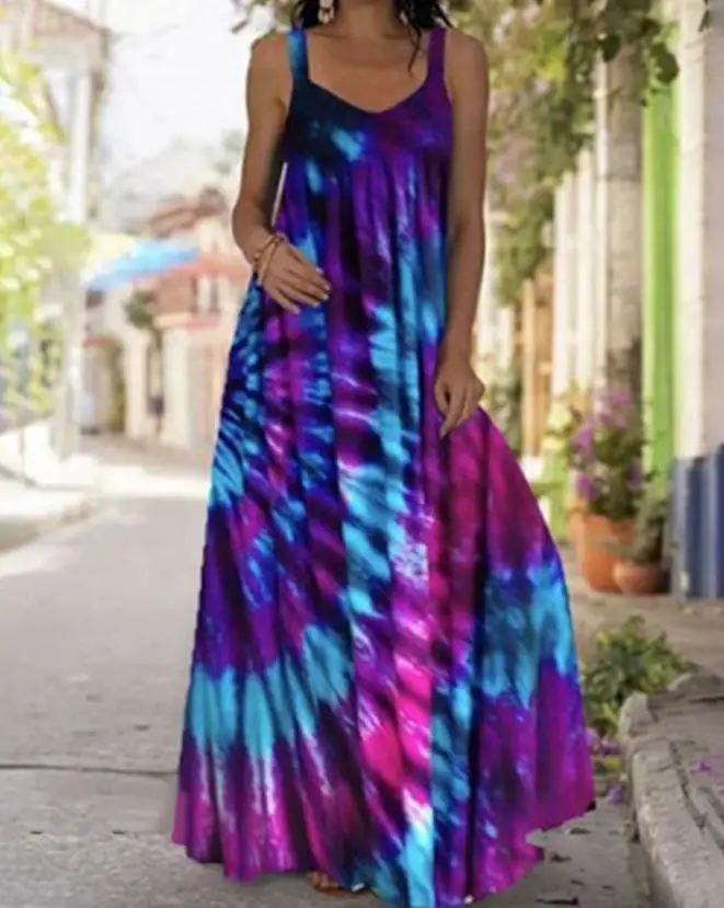 

2023 New Hot Selling Fashion Women's Plus Size Tie Dyed Print V-Neck Thick Strap Maxi Dress