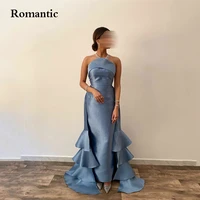 romantic asymmetrical evening dresses blue satin strapless sleeveless long prom dresses floor length low back formal party gown