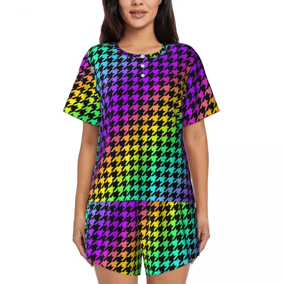 Клетчатые пижамы с узором гусиные лапки и короткими рукавами геометрическим