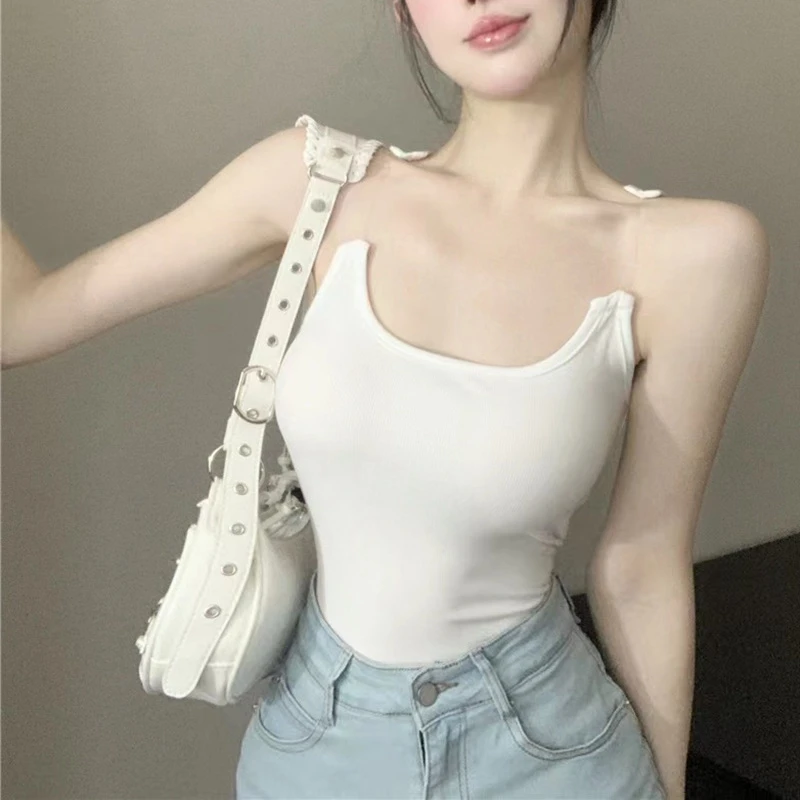 

2023 Summer New Sleeveless Rib Knit T-shirts Transparent Shoulder Strap Stretch Slim Fit Shirts Tank Top Women Y2k Clothes