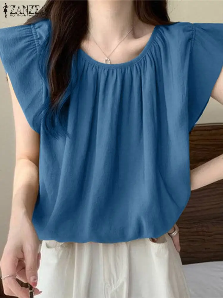 

Универсальные блузки ZANZEA с круглым вырезом, модные однотонные плиссированные праздничные топы, женские туники в Корейском стиле с оборками на рукавах, рубашки