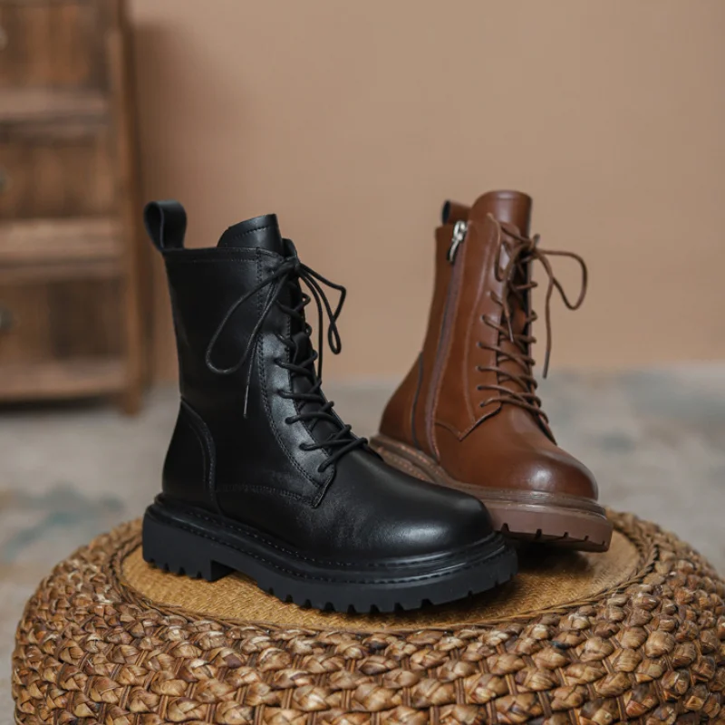 

Женские кожаные ботильоны на шнуровке, черные или коричневые Ботильоны на низком квадратном каблуке, элегантная Уличная обувь на молнии с к...