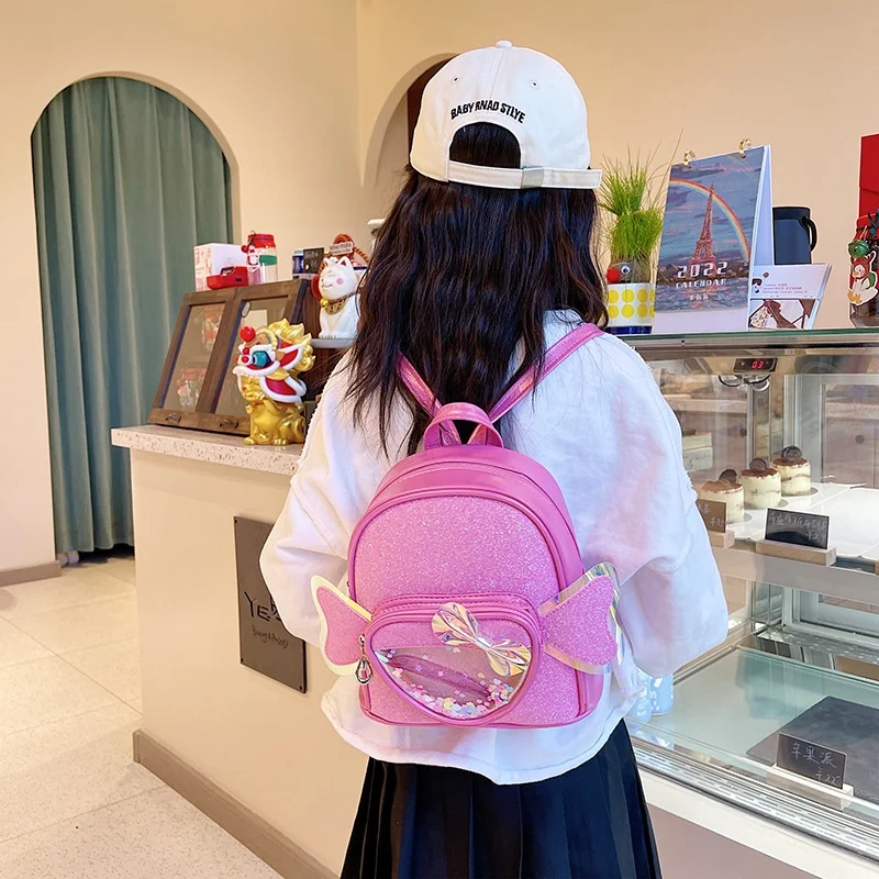 Children Fashion Transparent Laser Bow Small Backpack with Wings New Girls Princess Sweet PU Solid Color Schoolbags for Travel