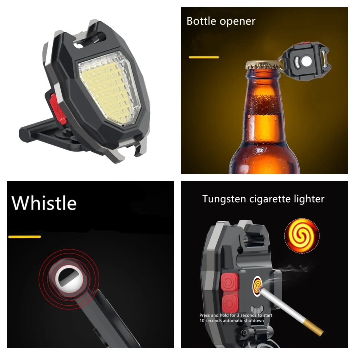 Multifunctional Mini Light Portable Bottle Opener Whistle Cigar Lighter COB LED Head Flashlight Outdoor Adventure Camping Tools