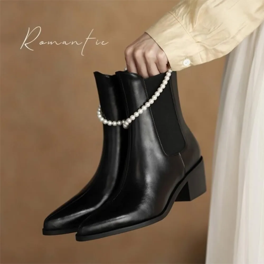 Ankle boots female shoes women single boots spring and autumn pointed middle thick heel pearl winter Chelsea boots
