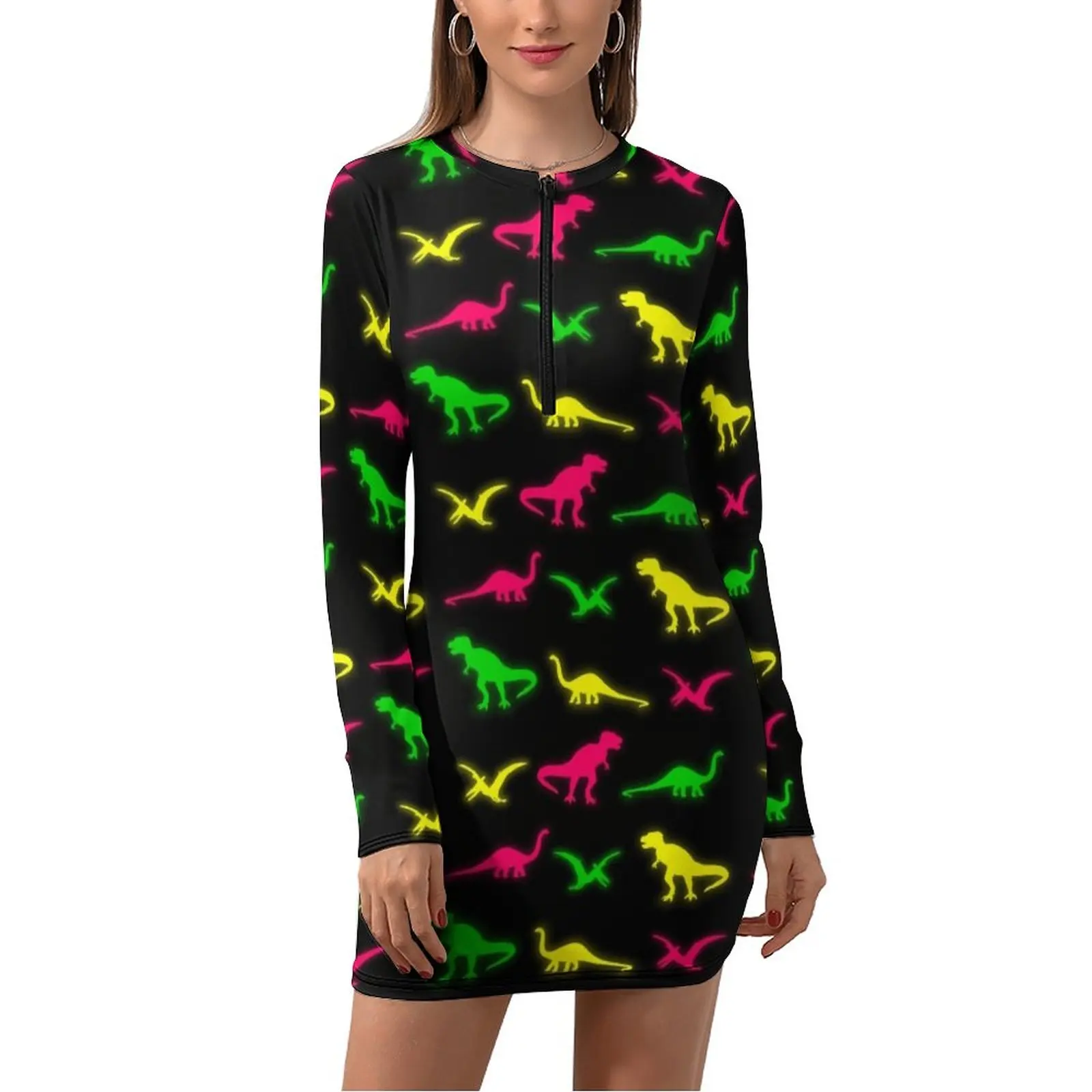 

Neon Dinosaurs Bodycon Dress Ladies Colorful Animal Pinrt Night Club Dresses Summer Long Sleeve Basic Pattern Dress Big Size