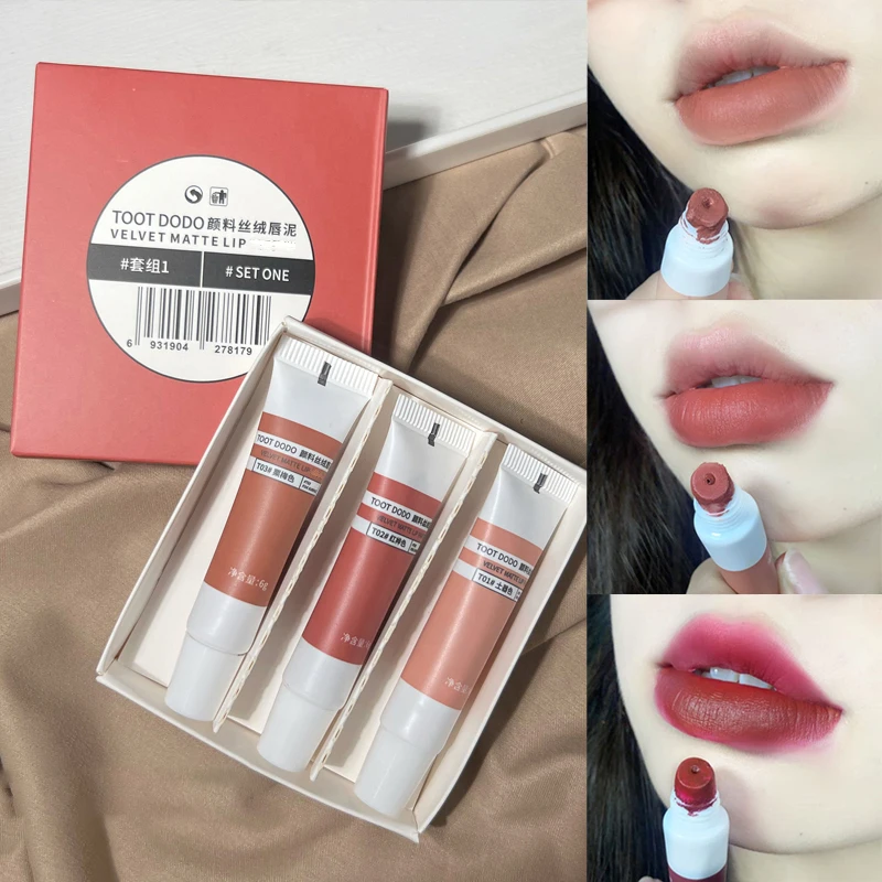 Губная помада 3 цветов бархатный матовый набор жидкая губная - Цена: 3.62