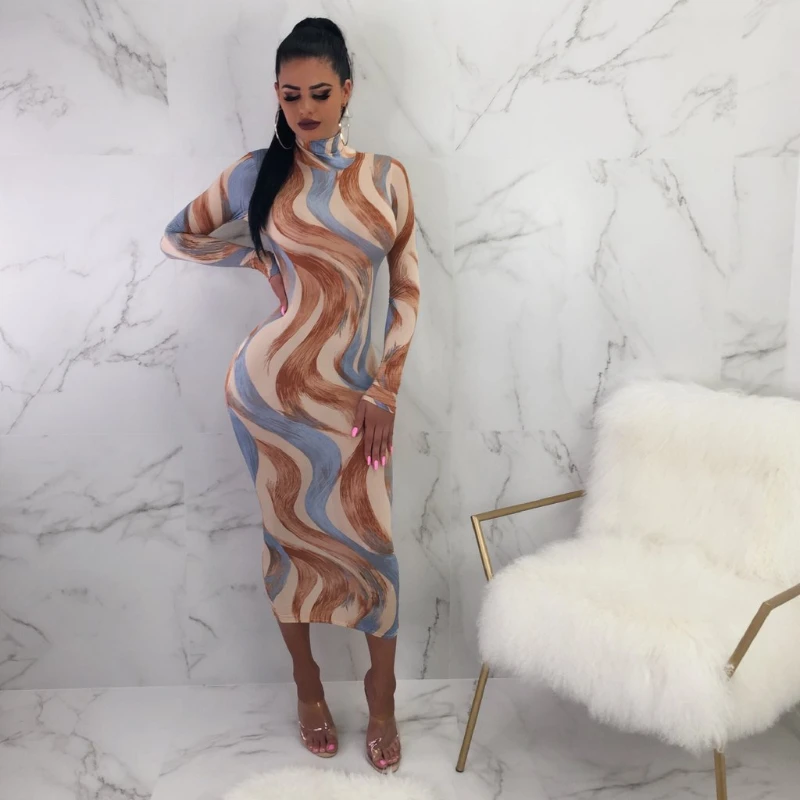 

2022 New Women Dress Autumn and Winter European and American Woman Clothing Digital Printing Medium High Neck Long Sleeve Dress