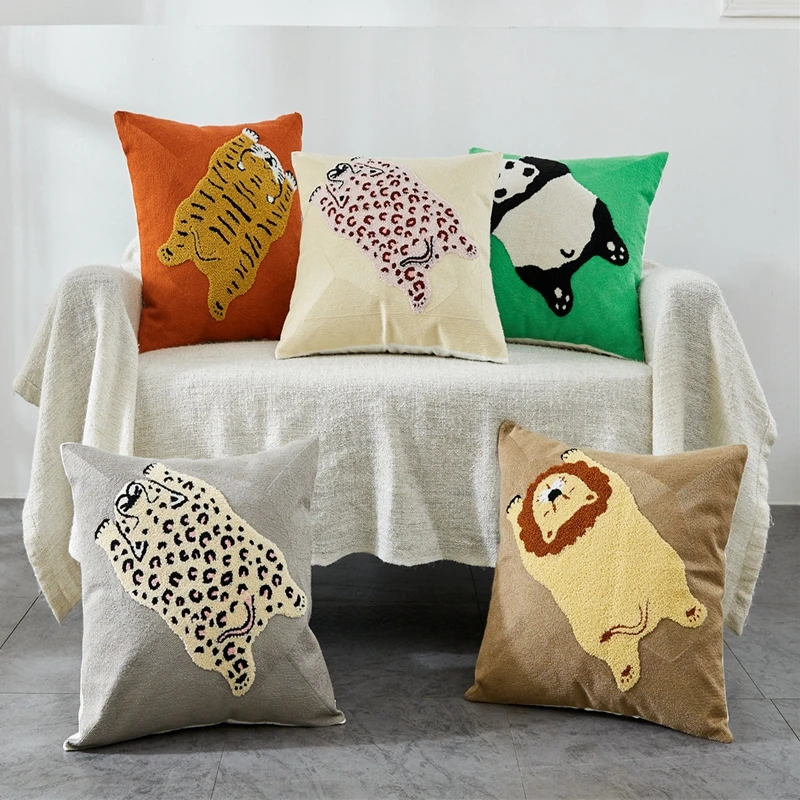 

Cute Tiger Leopard Panda Embroidered Decorative Pillows Cartoon Animals Tufted Cushion Cover 45x45CM Children's Gift Pillowcase