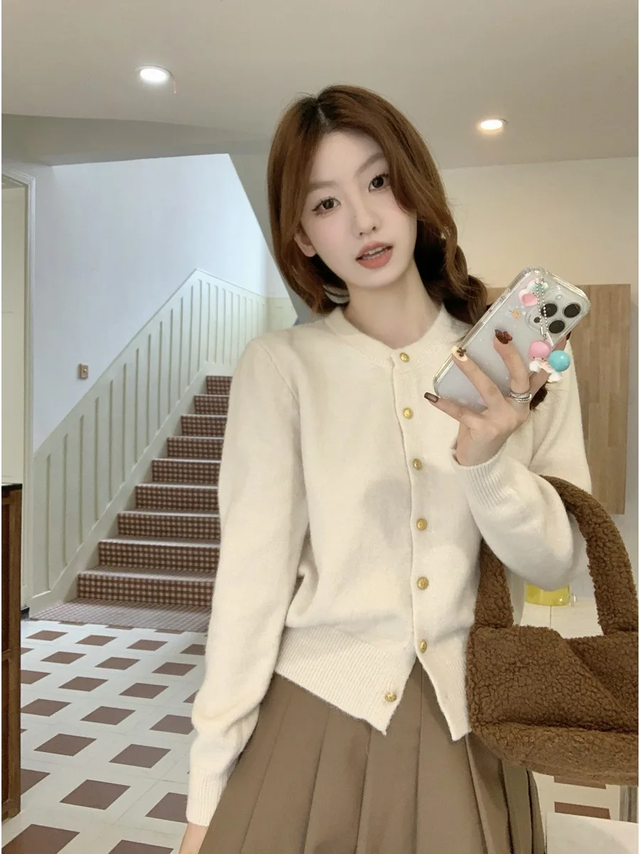 Осенне-зимний корейский изящный нежный синий кардиган с круглым вырезом милый