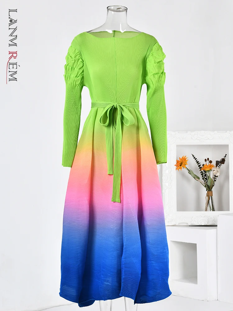 

LANMREM Green Gardient Printing Pleated Dress For Women Round Neck Long Sleeves Designer Belt Dresses Fashion Clothes New 32A204
