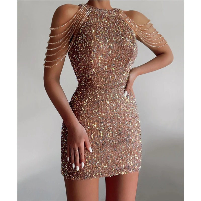 

Sequined Evening Cocktail Dress Women Tassel Sleeve O Neck Corset Bodycon Dress Elegant Party Dress