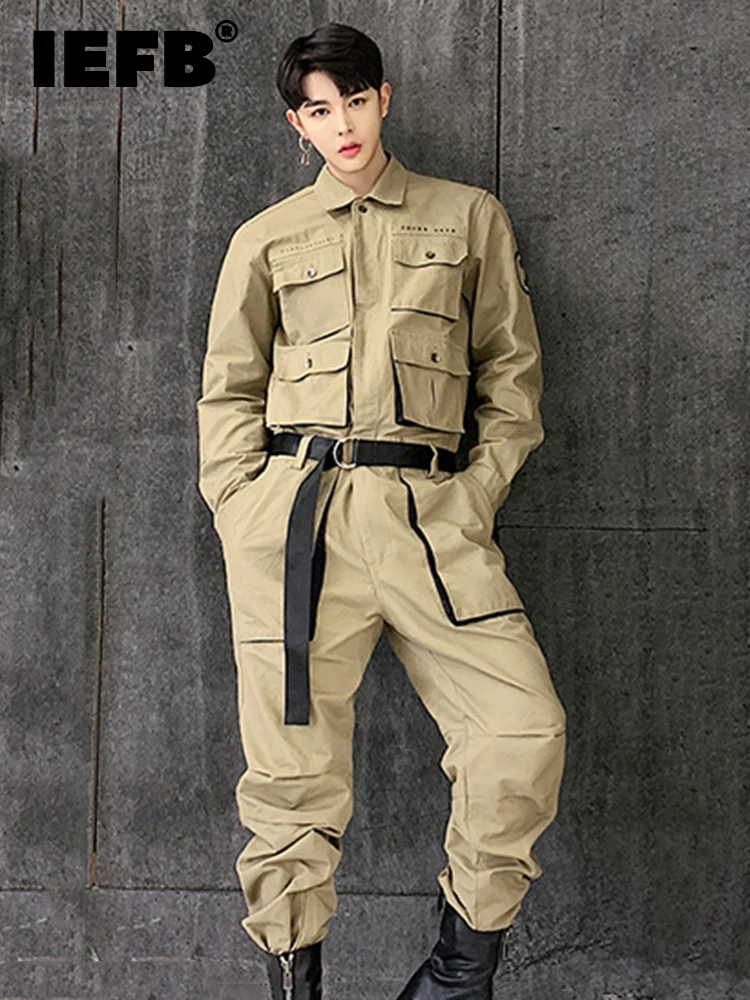 

IEFB Men's Casual Jumpsuit Large Pockets Decorated Shoulder Sleeves Digital Print 2022 New Loose Solid Color 9A1760