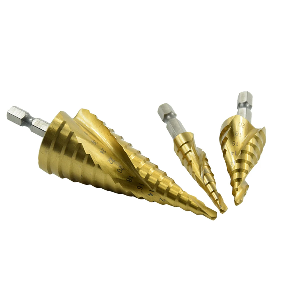 

3 шт. спиральные ступенчатые насадки 4-32/4-20/4-12 мм, аксессуары для дрели с титановым покрытием, ступенчатые конусные сверла