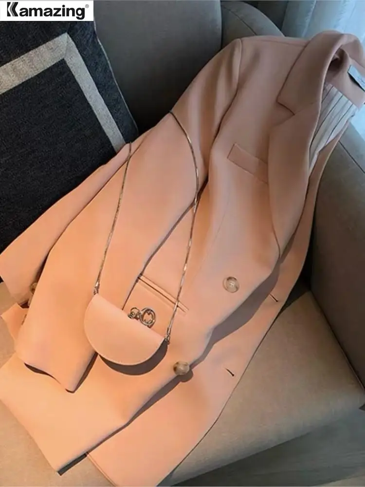 

Женская мода 2022, офисная одежда, двубортный розовый блейзер, пальто с длинными рукавами и карманами, женская верхняя одежда, шикарные топы