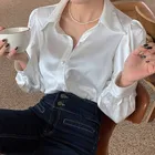 Белая блузка для женщин корейский стиль пузырьковый рукав свободная атласная рубашка на пуговицах с лацканами женская рубашка Топы Новые шикарные элегантные женские блузы 12635