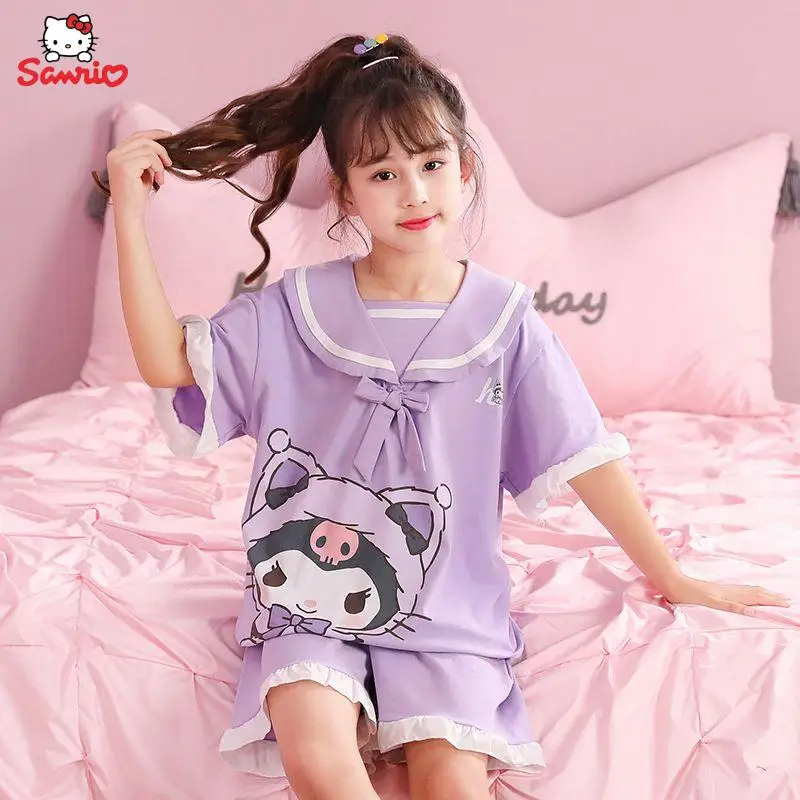 

Оригинальная детская пижама Hello Kitty Kuromi Melody Cinnamoroll Kawaii аниме мультфильм летние хлопковые с коротким рукавом комплект домашней одежды