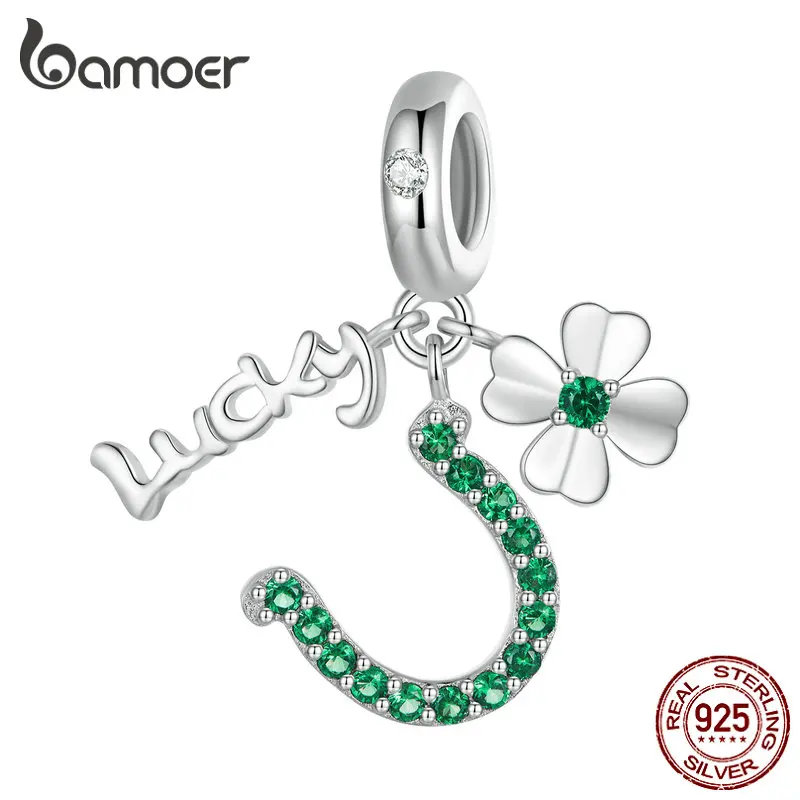 

Bamoer 925 Sterling Silver Green Zircon Lucky Four-leaf Clover Hanging Beads Horseshoe Charms for Women Bracelet Necklace DIY