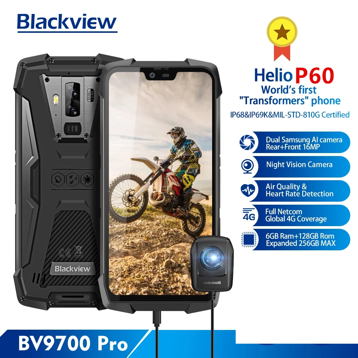 

Blackview BV9700 Pro 6+128 IP68/IP69K Rugged Mobile Phone Helio P60 Octa core CellPhone 5.84" IPS 16MP+8MP 4G Face ID Smartphone