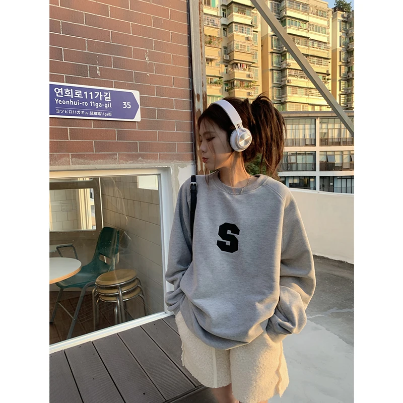 Korean New Grey Crew Baggy Sweatshirt Women Spring Autumn Fashion Letter Printing High Street Vintage Long Sleeves Pullover TOP