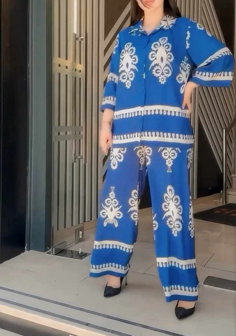 Летний Модный повседневный костюм из рубашки и брюк с принтом свободный женский