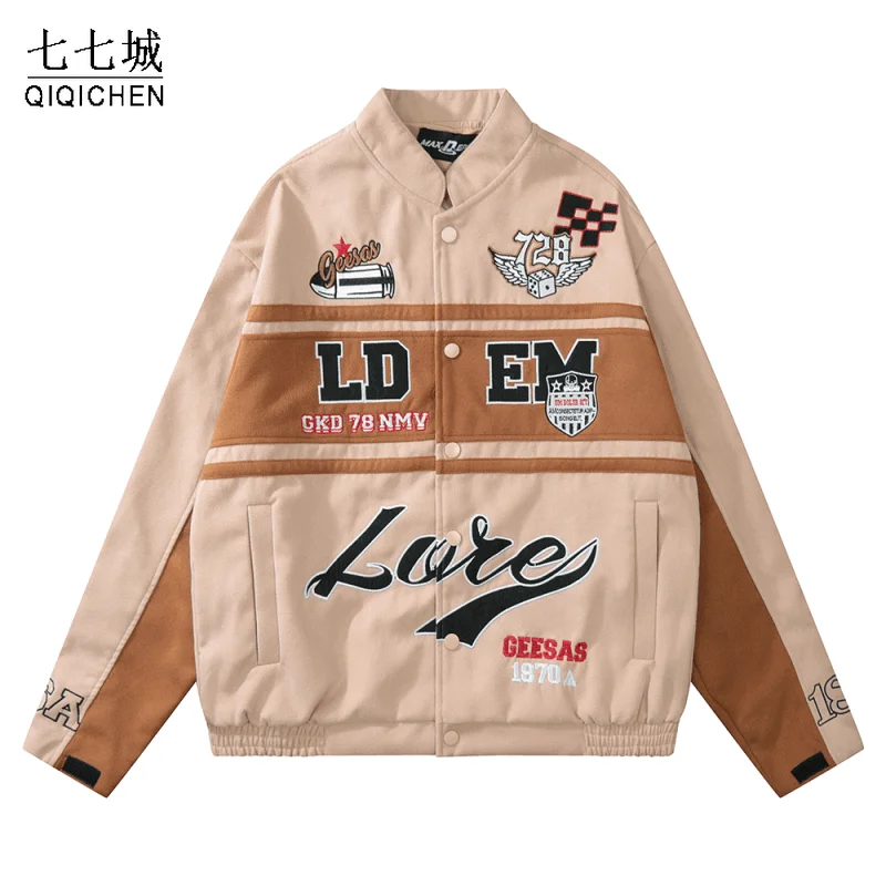 

Cotton Bomber Jacket Men Vintage Patchwork Letter Embroidery Baseball Coat Unisex Racing Motorcycle Autumn Loose Jackets Couple