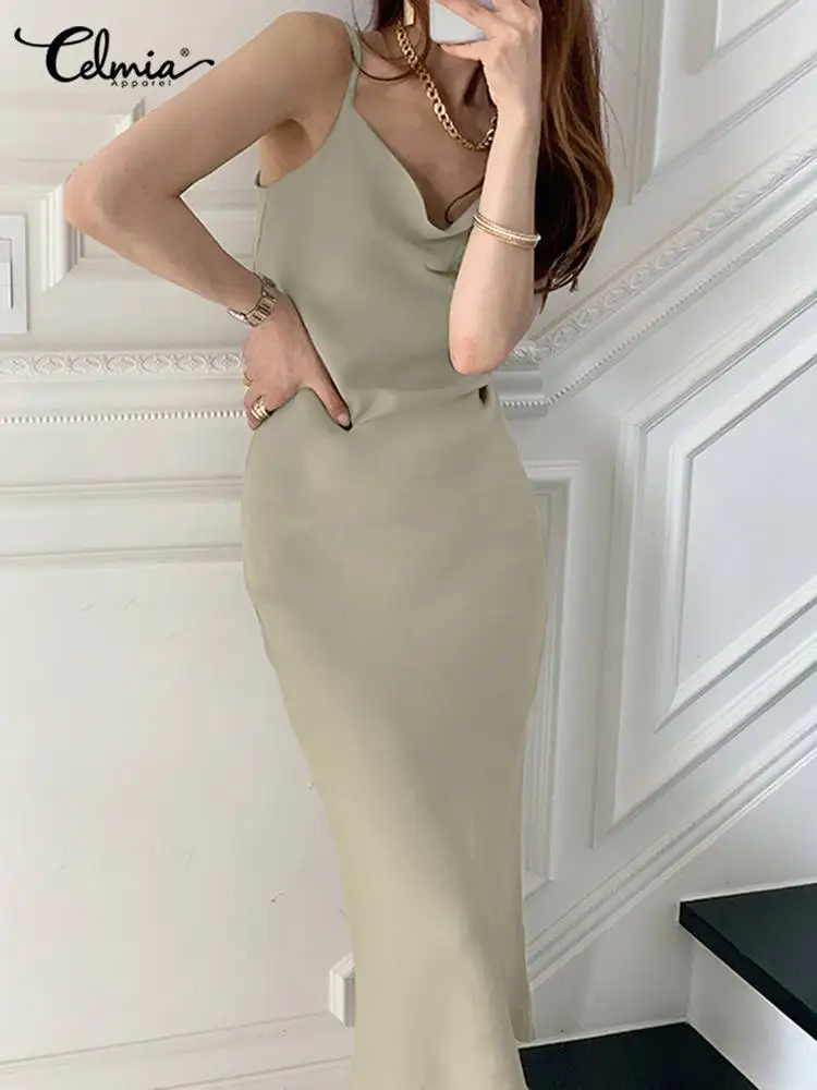 

Celmia Summer Women Long Dress Slim Casual Elegant Ladies Cowl Neck Midi Vestidos Spaghetti Strap Holiday Sexy Party Dresses