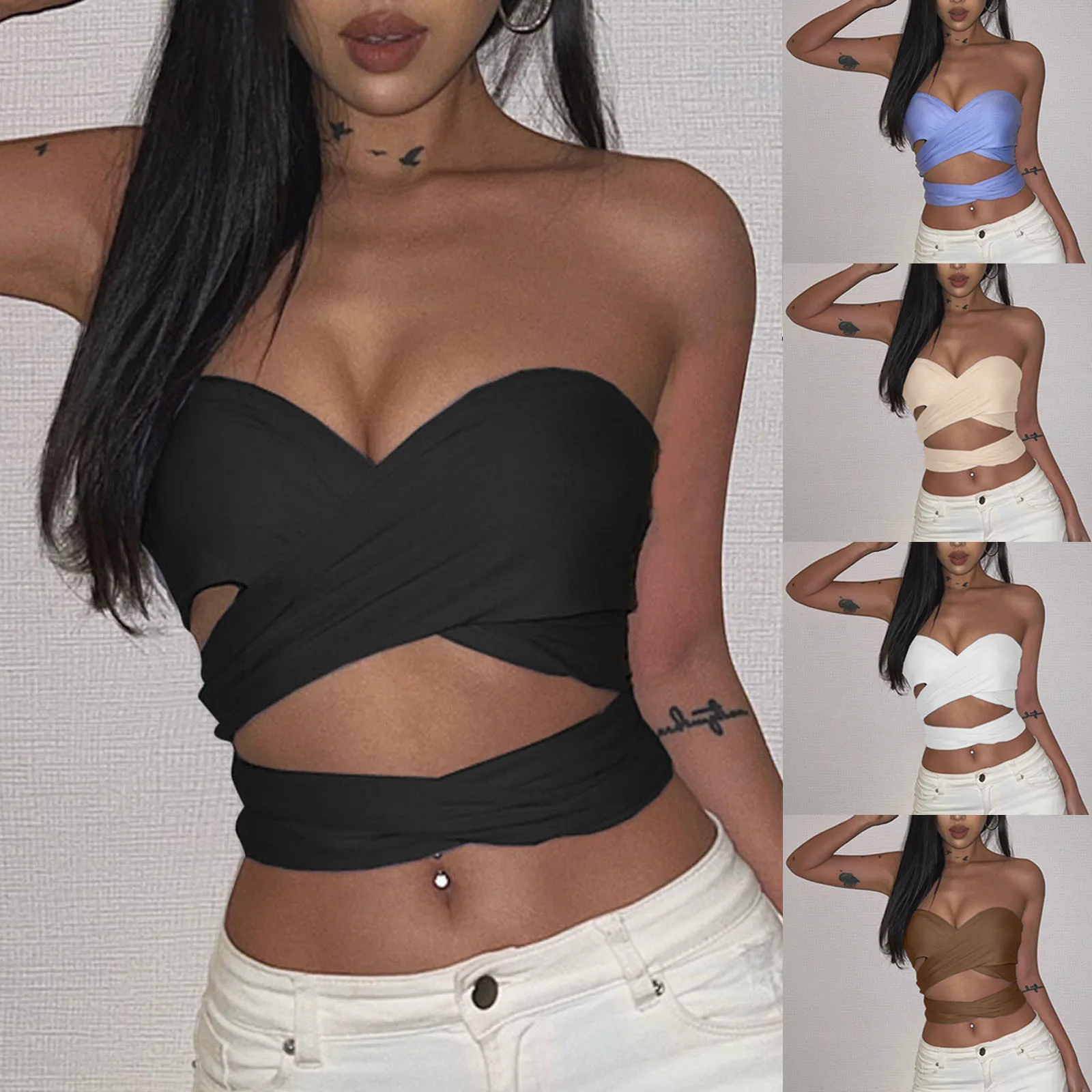 Sexy Bandage Crop Top Women Solid Strapless Backless Cross Hollow Sleeveless Off-shoulder Tops Summer Skinny Corset Tank Bustier