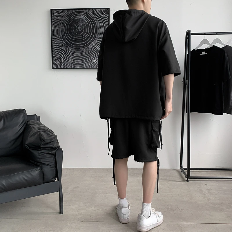 Sets Men Two Pieces Outfits Gothic Black Fashion Cargo Short Sleeve Hoodies Shorts Tactical Workout Handsome Male Bodybuilding