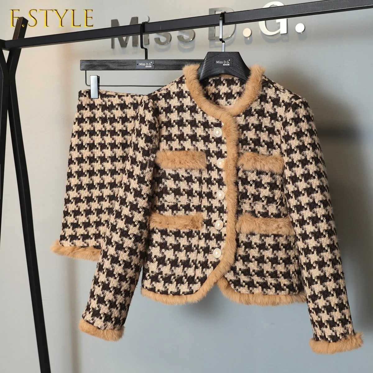2021 Autumn Winter Women's Fashion Single Breasted Woolen Coats + Skirts Suits Female Houndstooth Pocket Warm Two Piece Sets