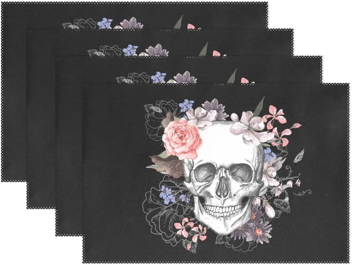

Pink Floral Sugar Skull Placemat Table Mat Day of The Dead 12" x 18" Polyester Table Place Mats for Kitchen Dining Room Set of 4