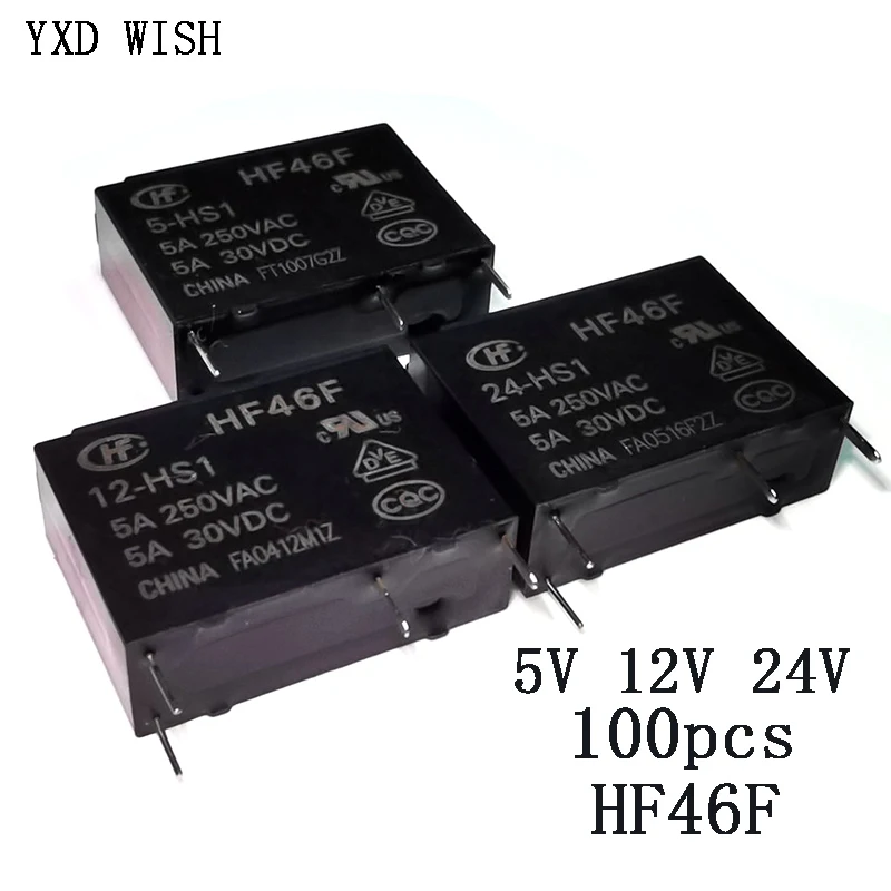

Реле 100 шт. 5A HF46F, реле 4 штырька стандартной длины, реле мощности HS1, вертикальное открытие 5, 12, 24 В постоянного тока, 5 А, В переменного тока