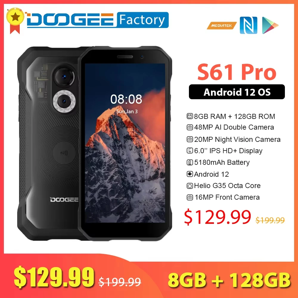 Фото Глобальная версия защищенного смартфона DOOGEE S61 Pro на Android 12 с 6-дюймовым дисплеем, аккумулятором 5180 мАч, 8 ГБ оперативной памяти и 128 ГБ встроенной памяти, а также 48-мегапиксельной камерой ночного видения. №1