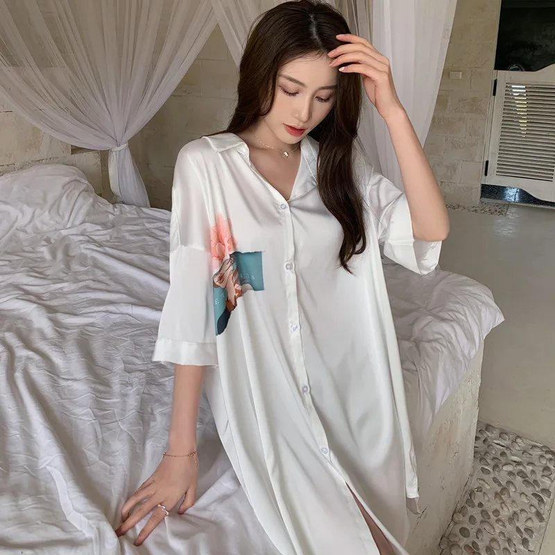 Sweet Home Dress Women Summer Nightgown Boyfriend Shirt  Sleepwear Button-up Nightshirt Sexy Ice Silk Female Pajamas Clothes Pj