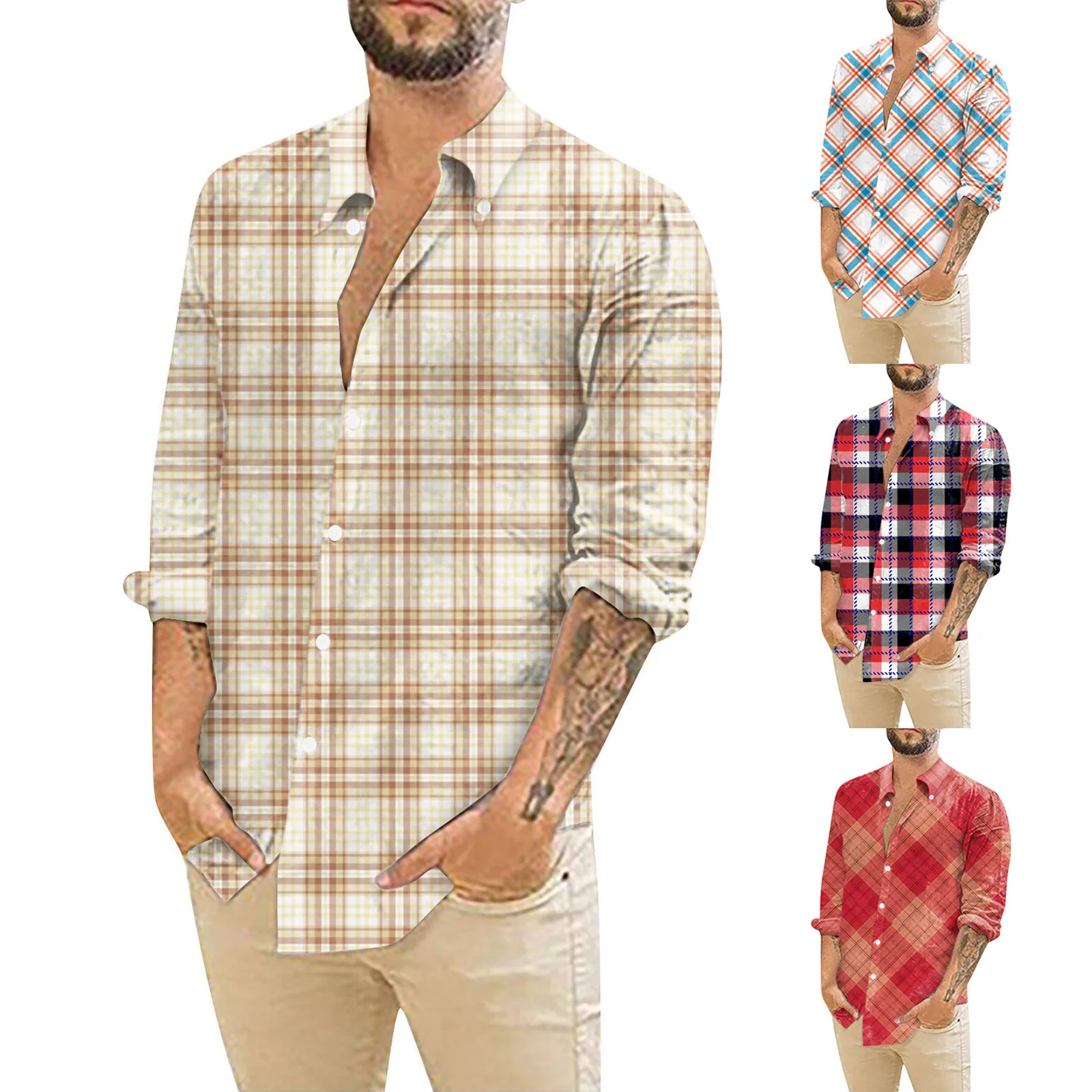 

Designer Spring Plaid Print Slim Tops Men'S Casual Pumpkin Halloween Printing Hawaii Shirt Long Sleeve Shirts Y2k Clothing