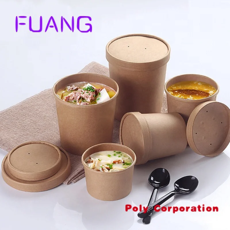 Eco Friendly Disposable takeaway food container Kraft Paper noodle bowls Hot Soup Cups With Paper Flat Lid