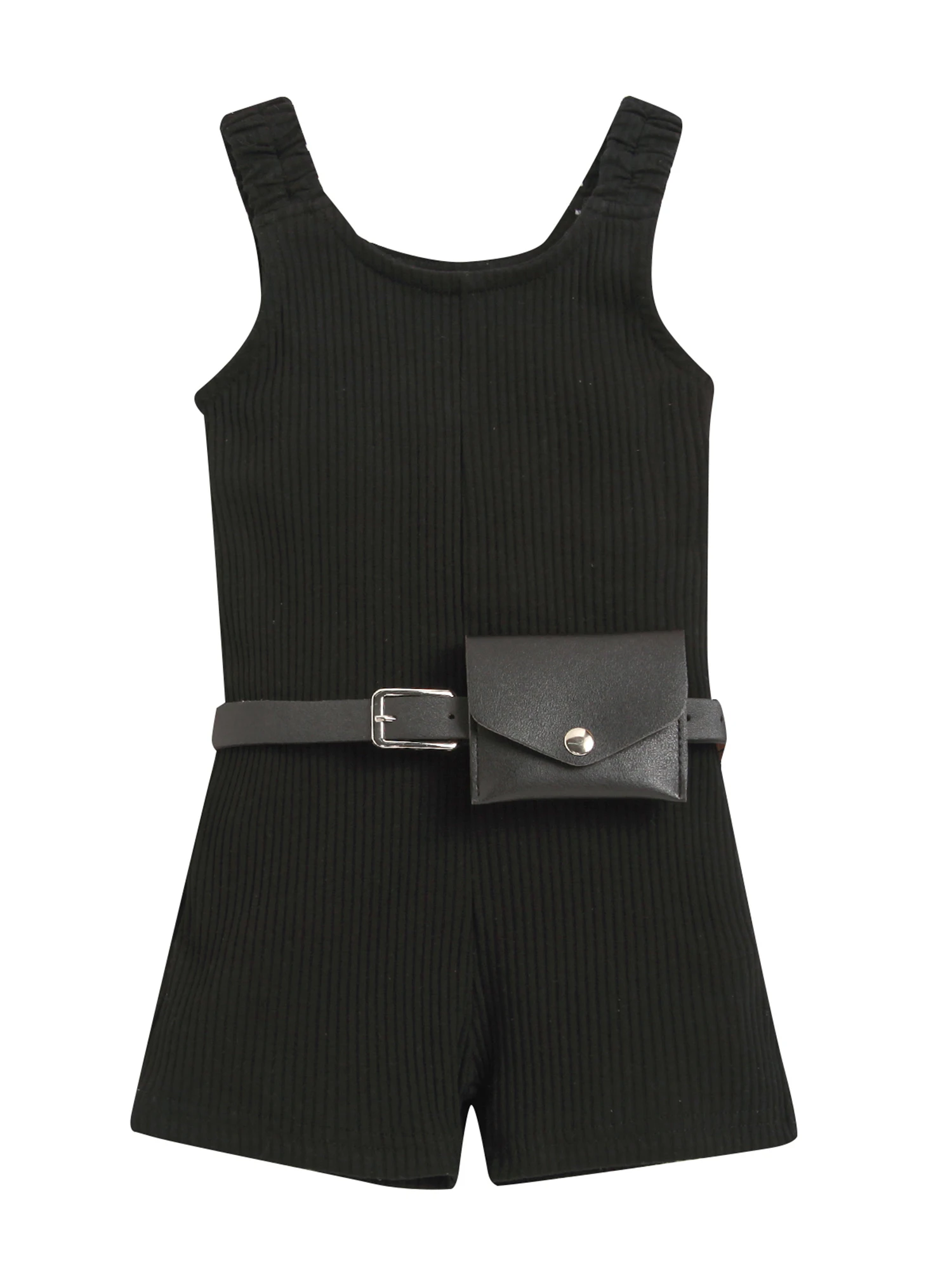 

Toddler Baby Girl Knitted Jumpsuits Sleeveless Ribbed Romper Shorts Wide Leg Overalls with Waist Bag