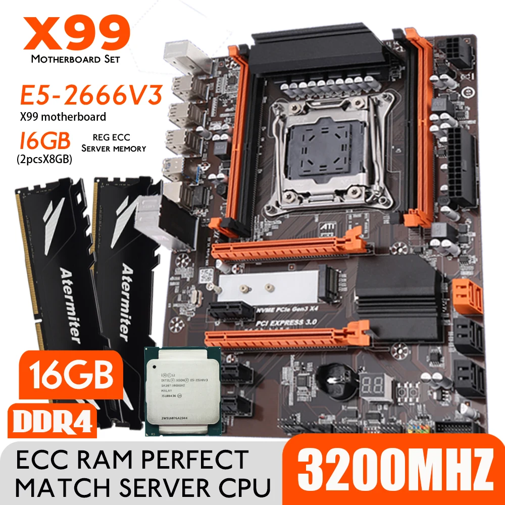 Комплект материнской платы Atermiter X99 DDR4 Turbo D4 с процессором Xeon E5 2666 V3 LGA2011-3 2 шт. X 8 ГБ =