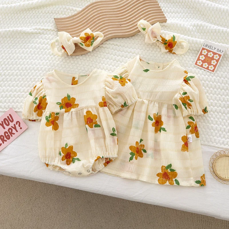 

Korean Summer Baby Rompers Cotton Floral Print Infant Girls Princess Dress Short Sleeves Beach Outfits Gift Big Bow Headband