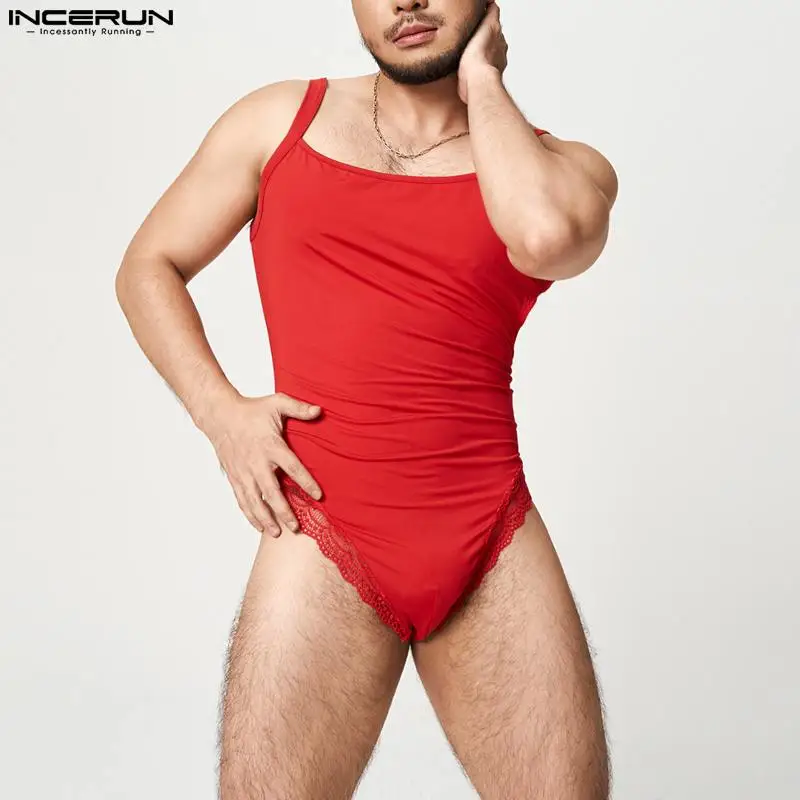 

Стильные сексуальные комбинезоны для отдыха INCERUN, новые мужские Удобные однотонные сетчатые комбинезоны, кружевная отделка, комбинезон без рукавов, женский комбинезон 2023