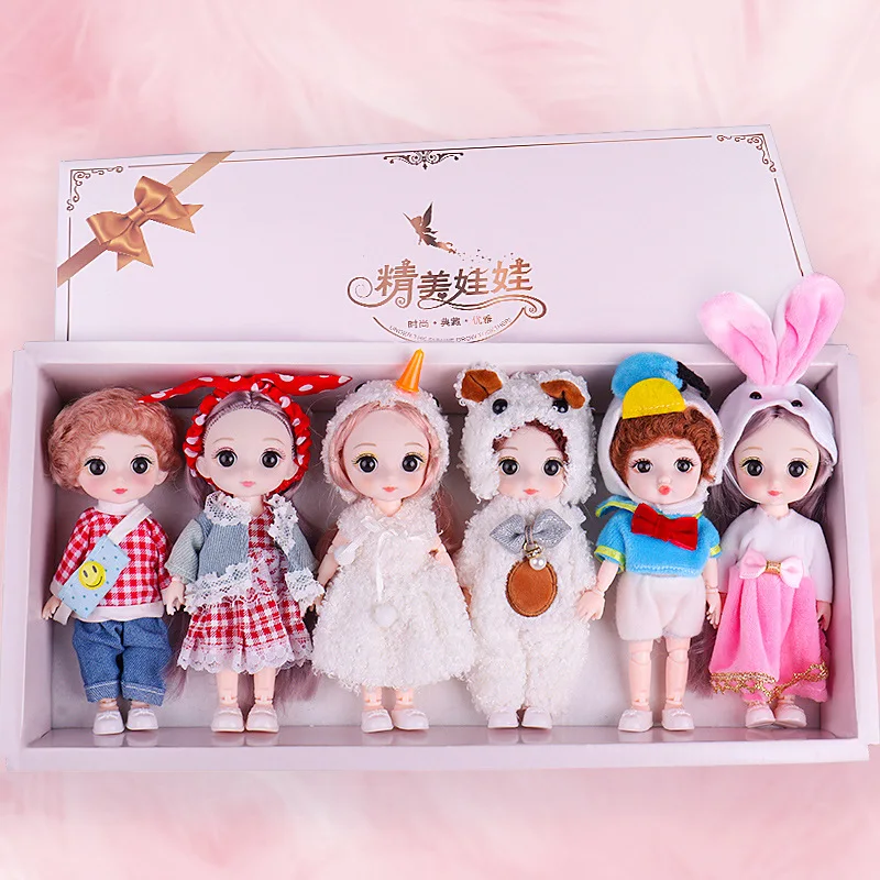 6/piece Set of 16CM BJD Doll 13 Movable Joints 3D Eyes Fashion Cute Dress Up Doll Set Girl Boy DIY Toy Best Gift for Children