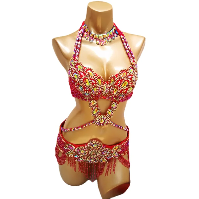 Handmade Beads Belly Dance Costume Exotic Stage Dance wear Bra Belt Skirt Women's Halloween Costumes Rave Outfits