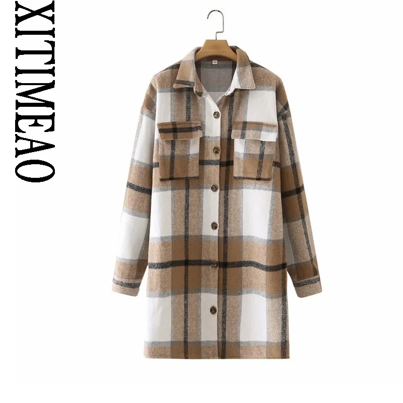 

Vintage Stylish Pockets Oversized Plaid Jacket Coat Women Fashion Lapel Collar Long Sleeve Loose Long Outerwear Chic Tops