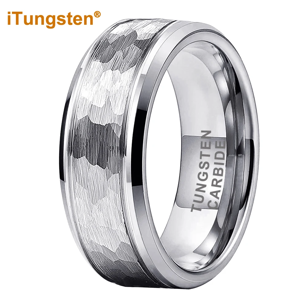 

iTungsten 8mm Hammered Tungsten Carbide Ring Men Women Engagement Wedding Band Trendy Jewelry Beveled Edges Comfort Fit