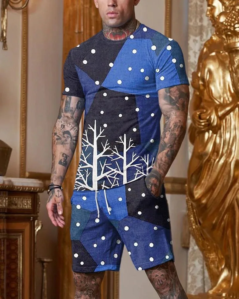 Summer Men Set Fashion Outfit Geometric Pattern Dot Casual Oversized Sportswear 3D Printed Harajuku T-Shirt Shorts 2 Piece Suit