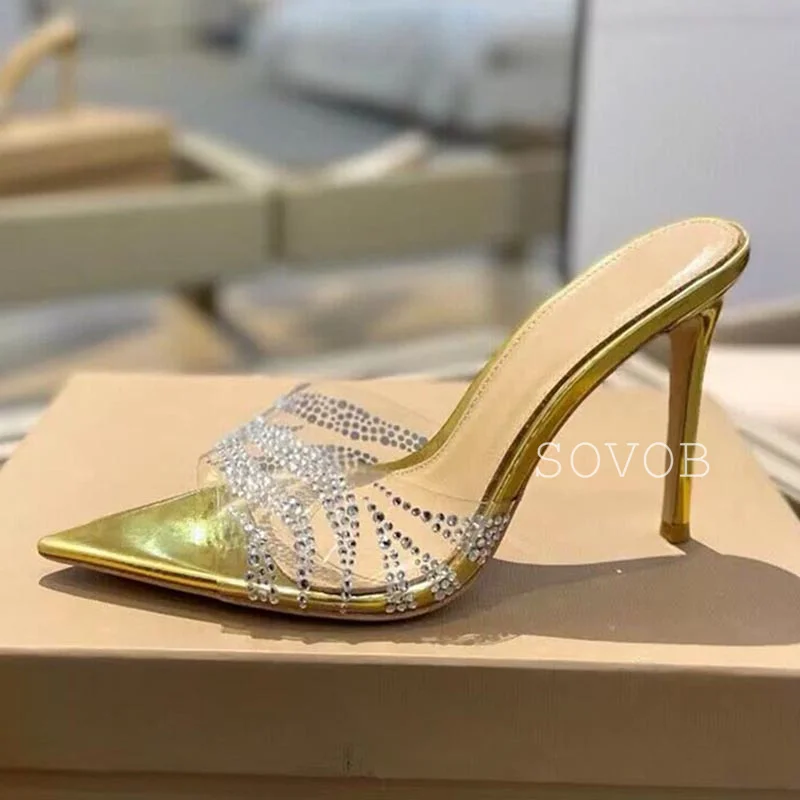 Летние туфли с острым носком из ПВХ Bling Crystal женские универсальные на высоком