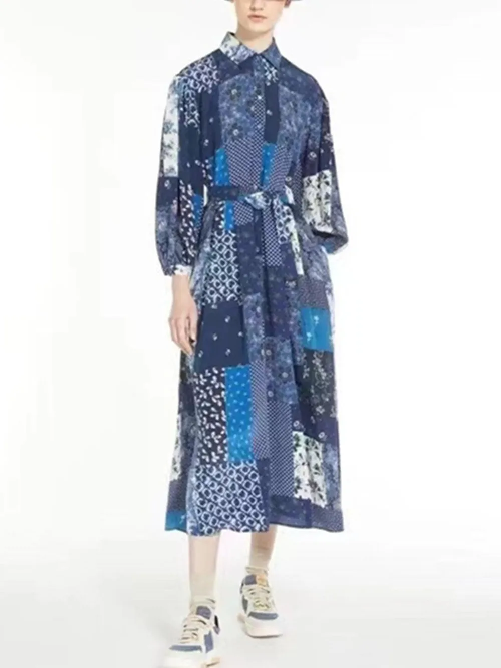 Women's Retro Ethnic Style Printing  Midi Dress Single-Breasted Loose  Long-Sleeved Robe